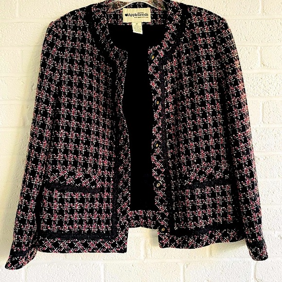 VINTAGE Tweed Structured Blazer Cropped Jacket Black Pink Size 8P - Picture 7 of 13